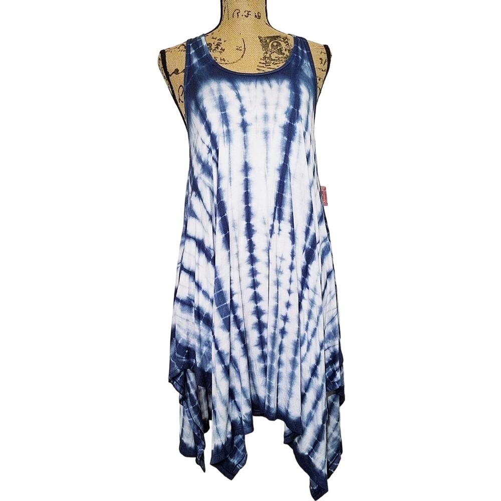 Marina Luna Blue & White Tie Dye Handkerchief Hem Dress/Beach Coverup NWT Size S